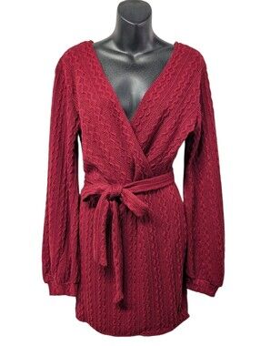 CBRAND Women's Red Knit Wrap Sweater Dress V-Neck Belted Tie XL Short